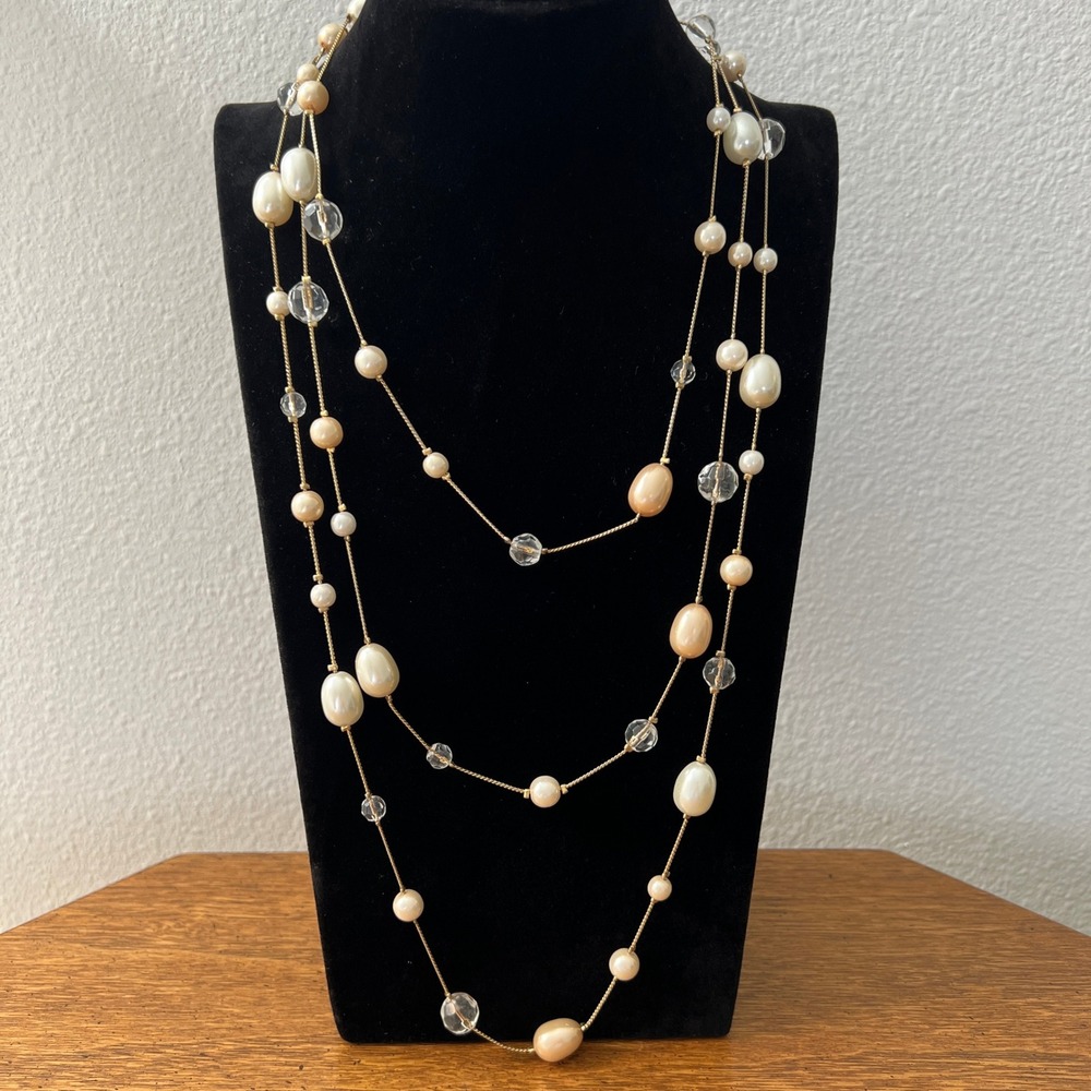 Beaded Station Necklace Faux Pearl Glass White‎ Cream Premier Designs 68"